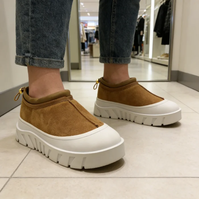 Wholesale Brown Platform Winter Warm Shoes Faux Fur Lining Thick Rubber Sole Slip-On Design Custom Logo & Style
